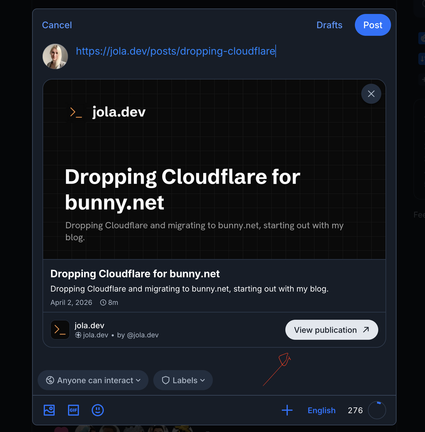 A screenshot showing the special CTA footer in Bluesky for page previews from standard.site